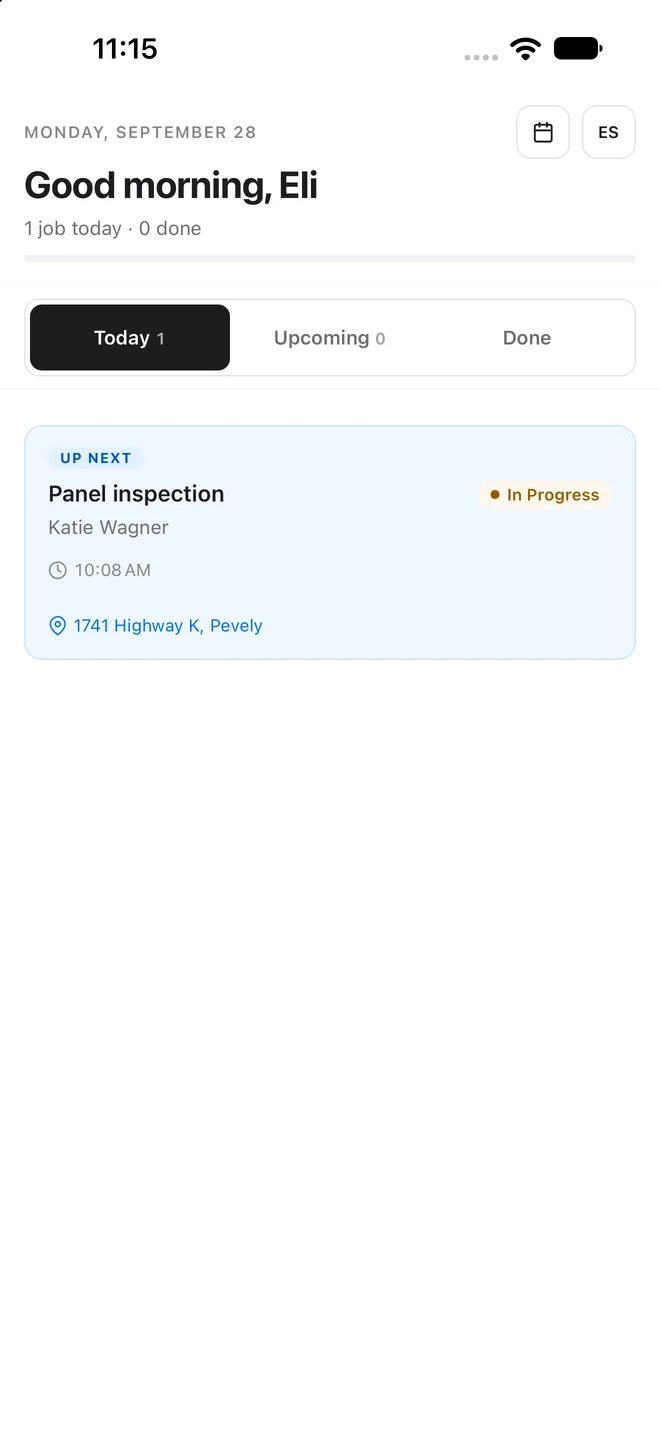 The technician app's day view with the job in progress