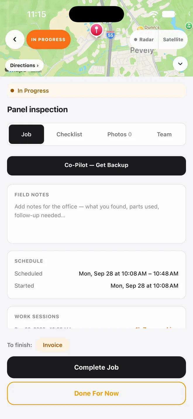 A job in the technician app with a map, job tabs, and Complete Job