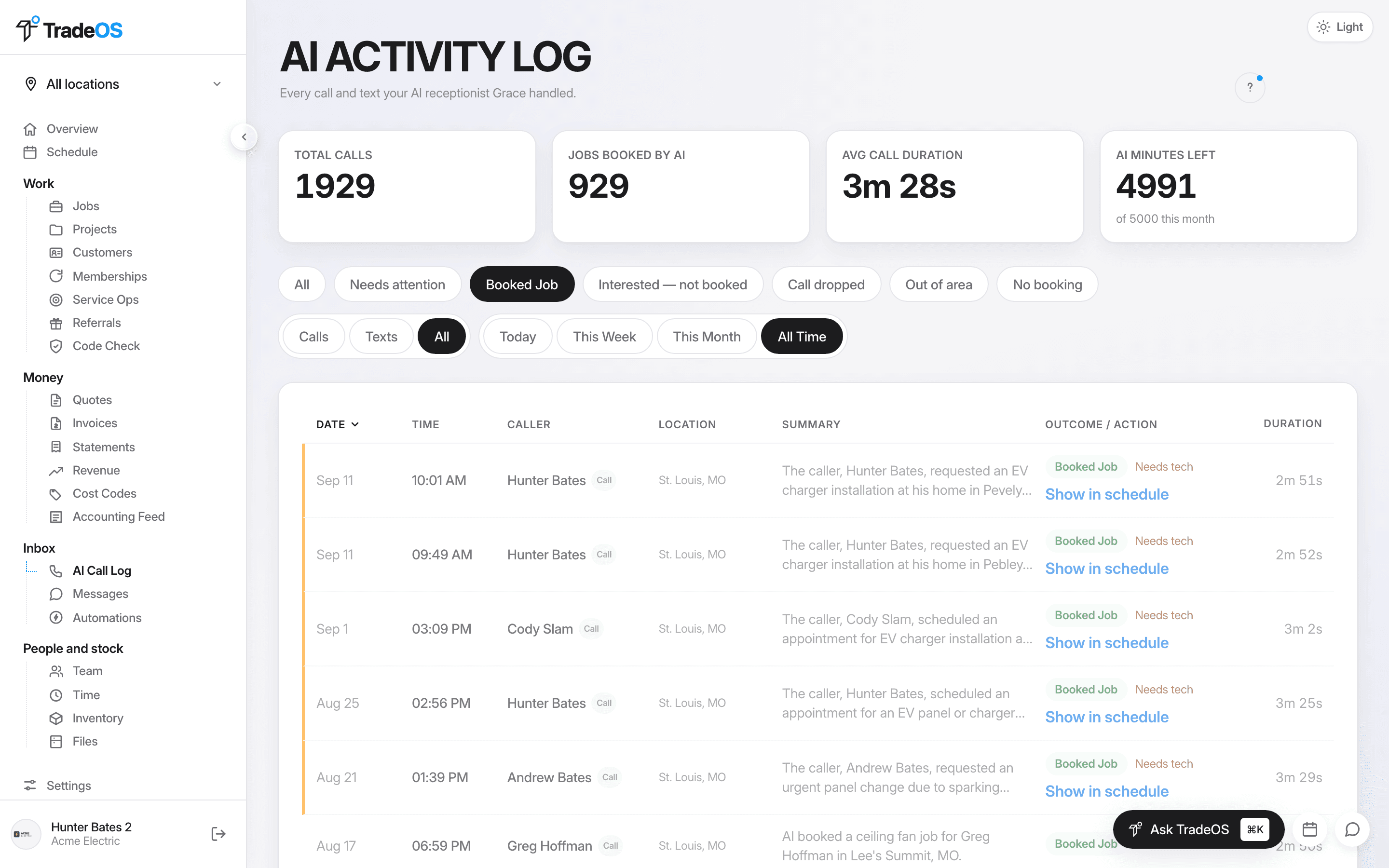 TradeOS AI call log — calls answered and jobs booked automatically