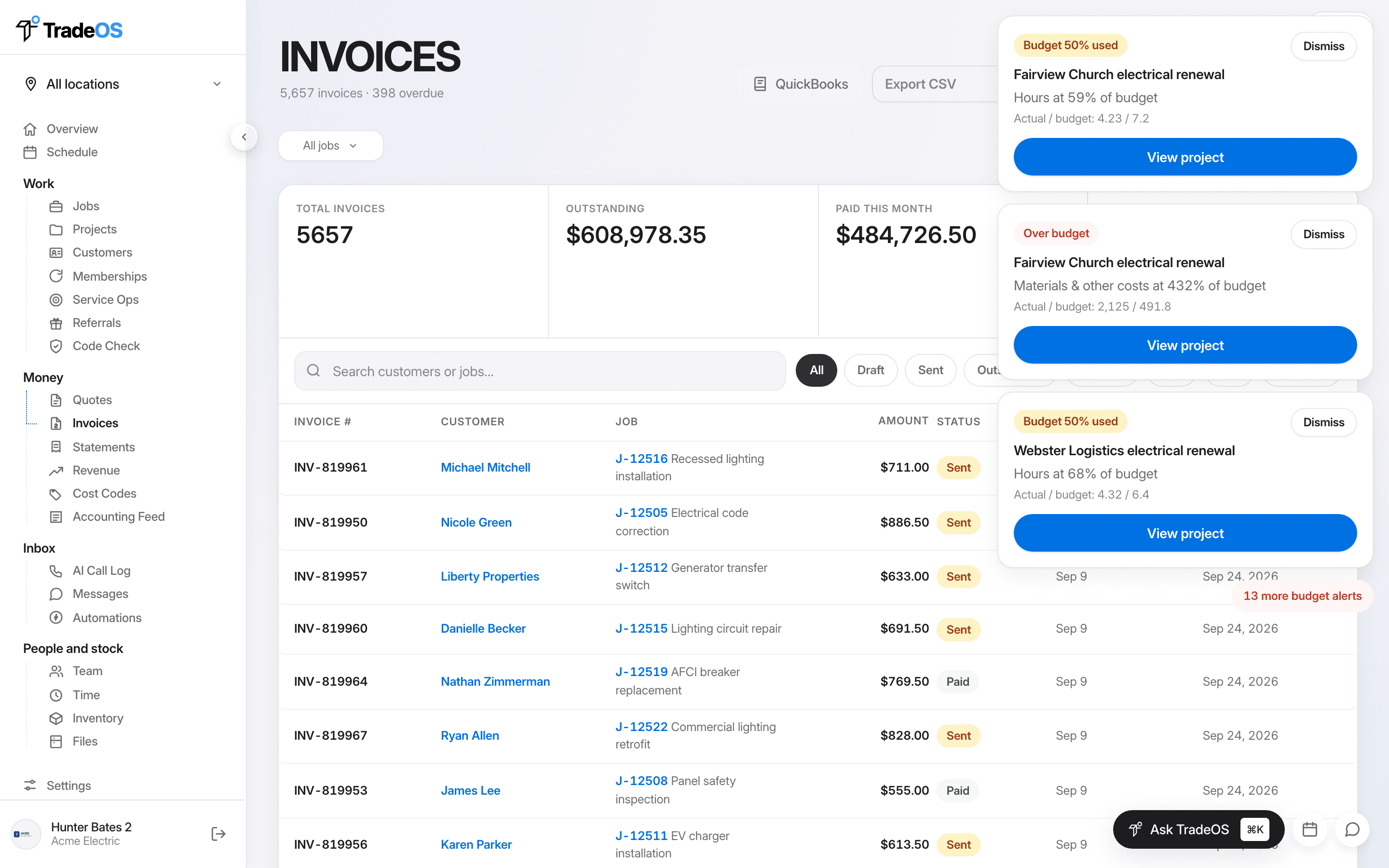 TradeOS invoices list — invoices generated automatically when jobs close