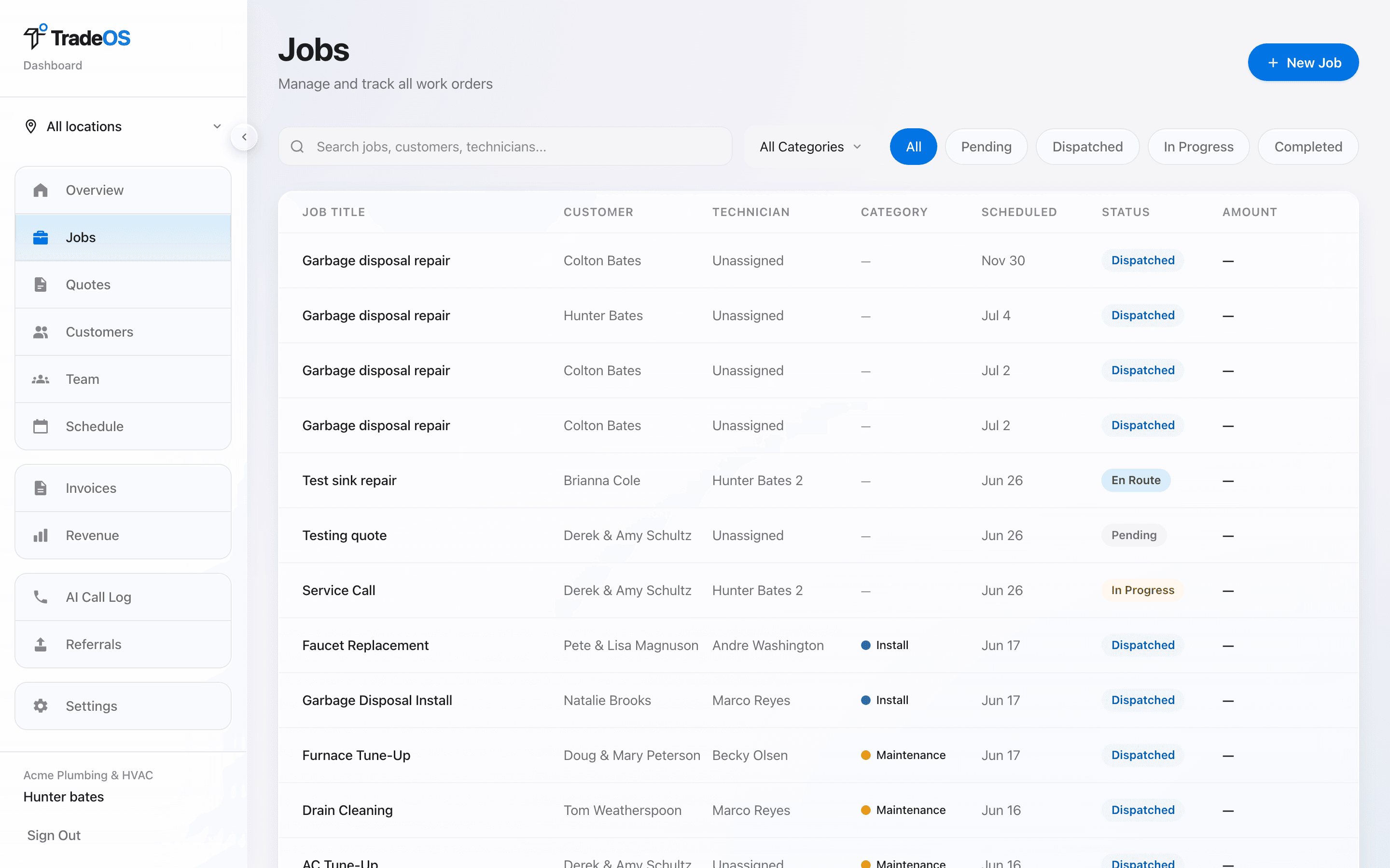TradeOS jobs list on mobile — the day’s work for a technician