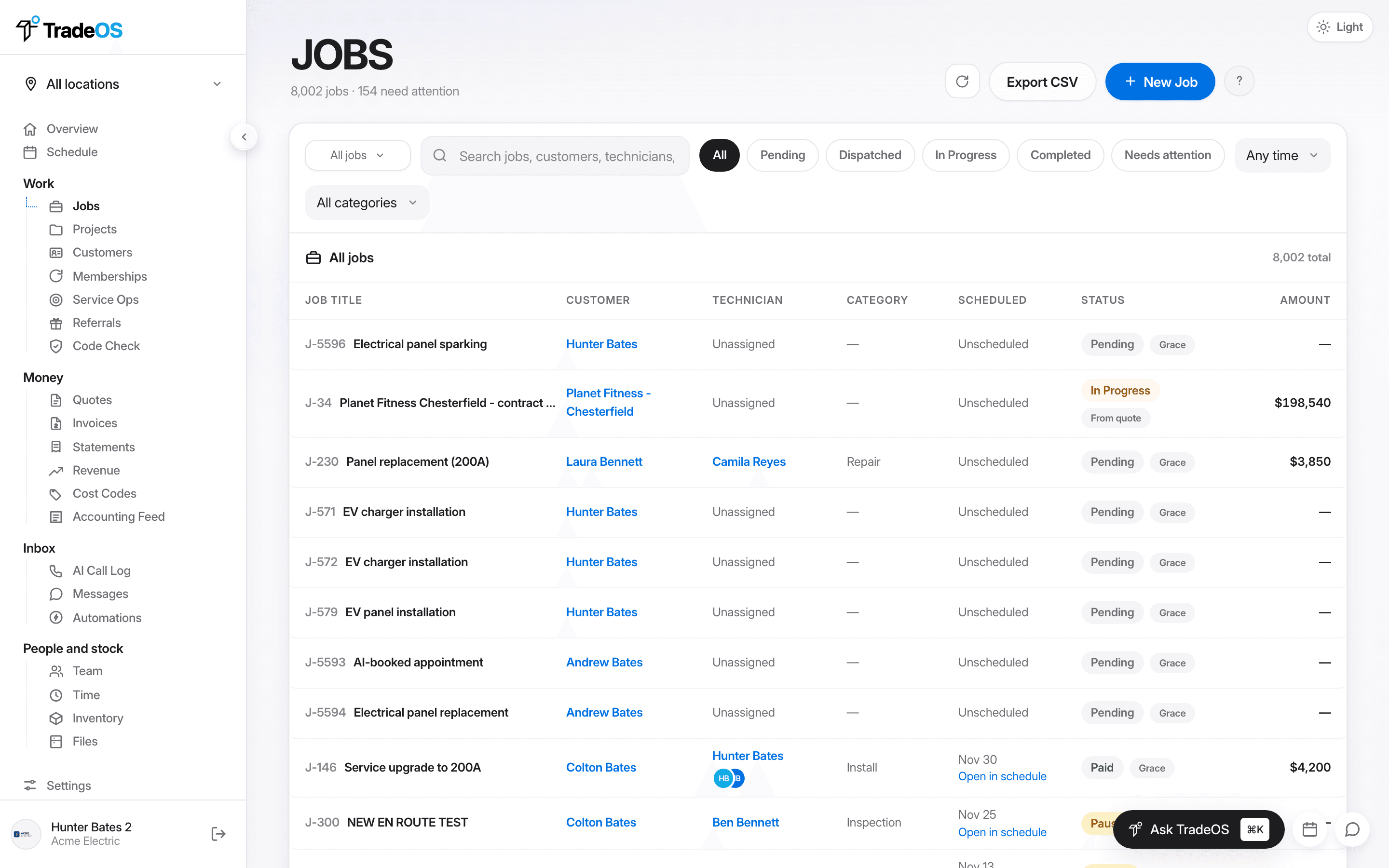 TradeOS jobs list on mobile — the day’s work for a technician