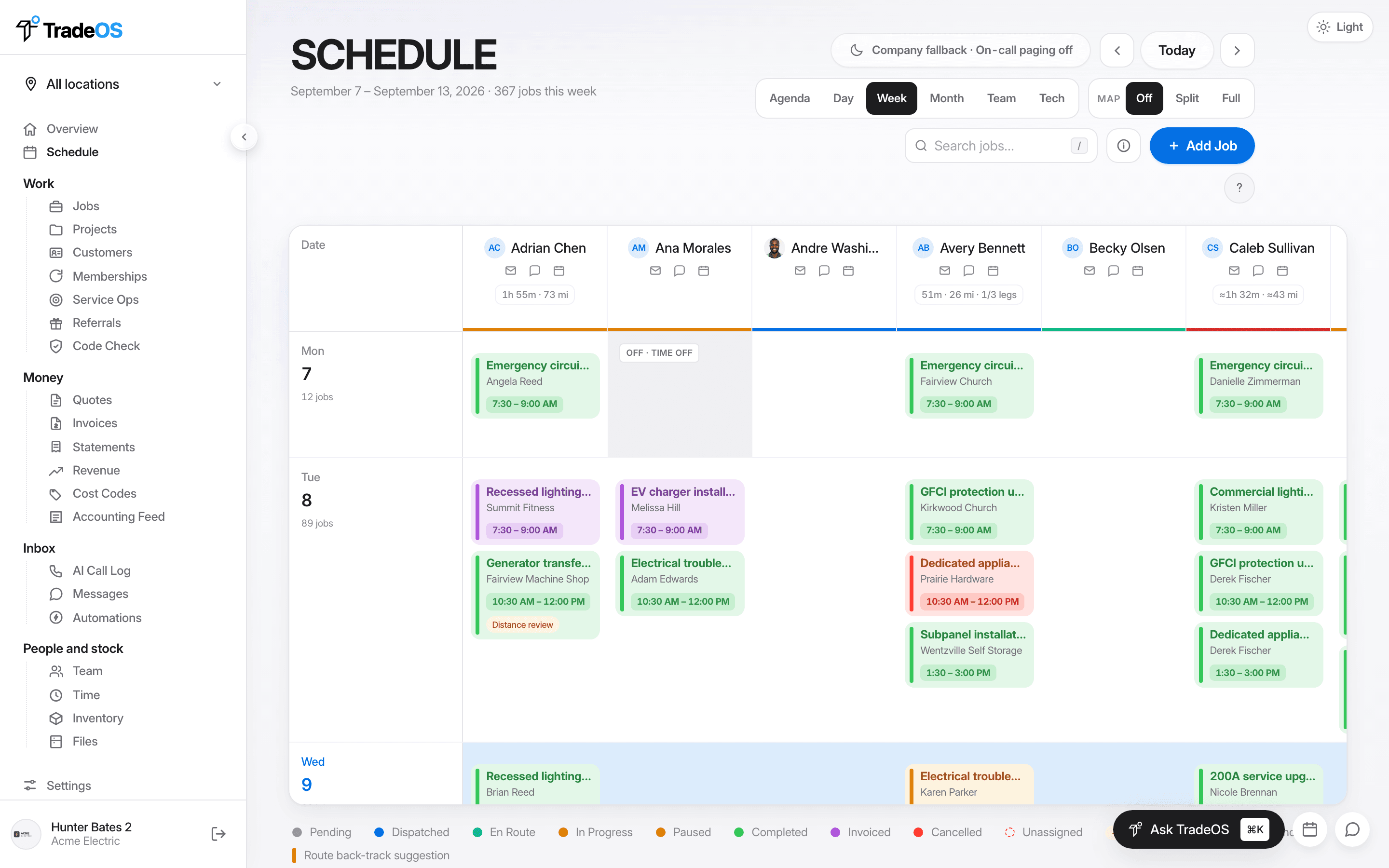 TradeOS schedule and dispatch map showing technicians and jobs