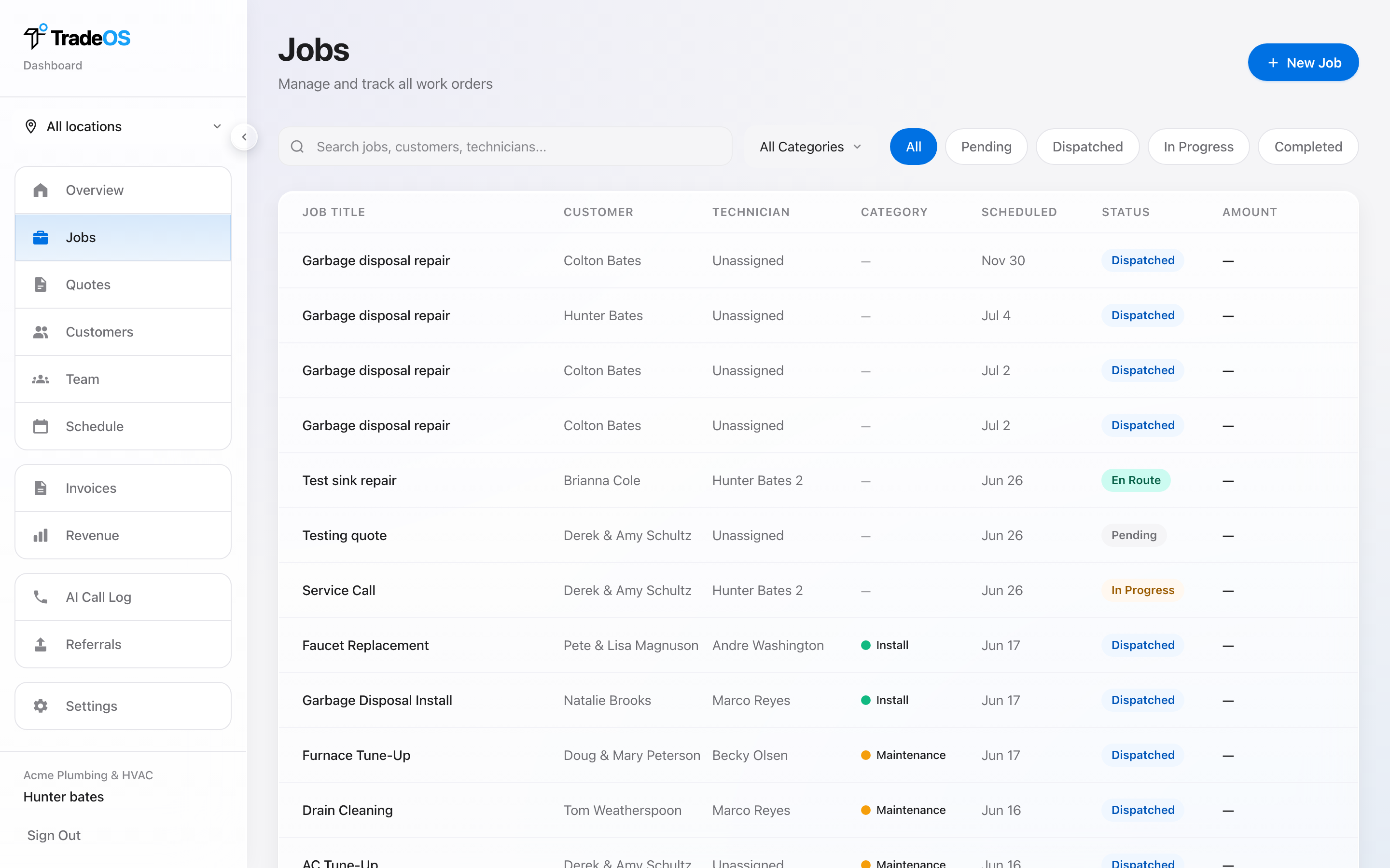 TradeOS jobs list on mobile — the day’s work for a technician