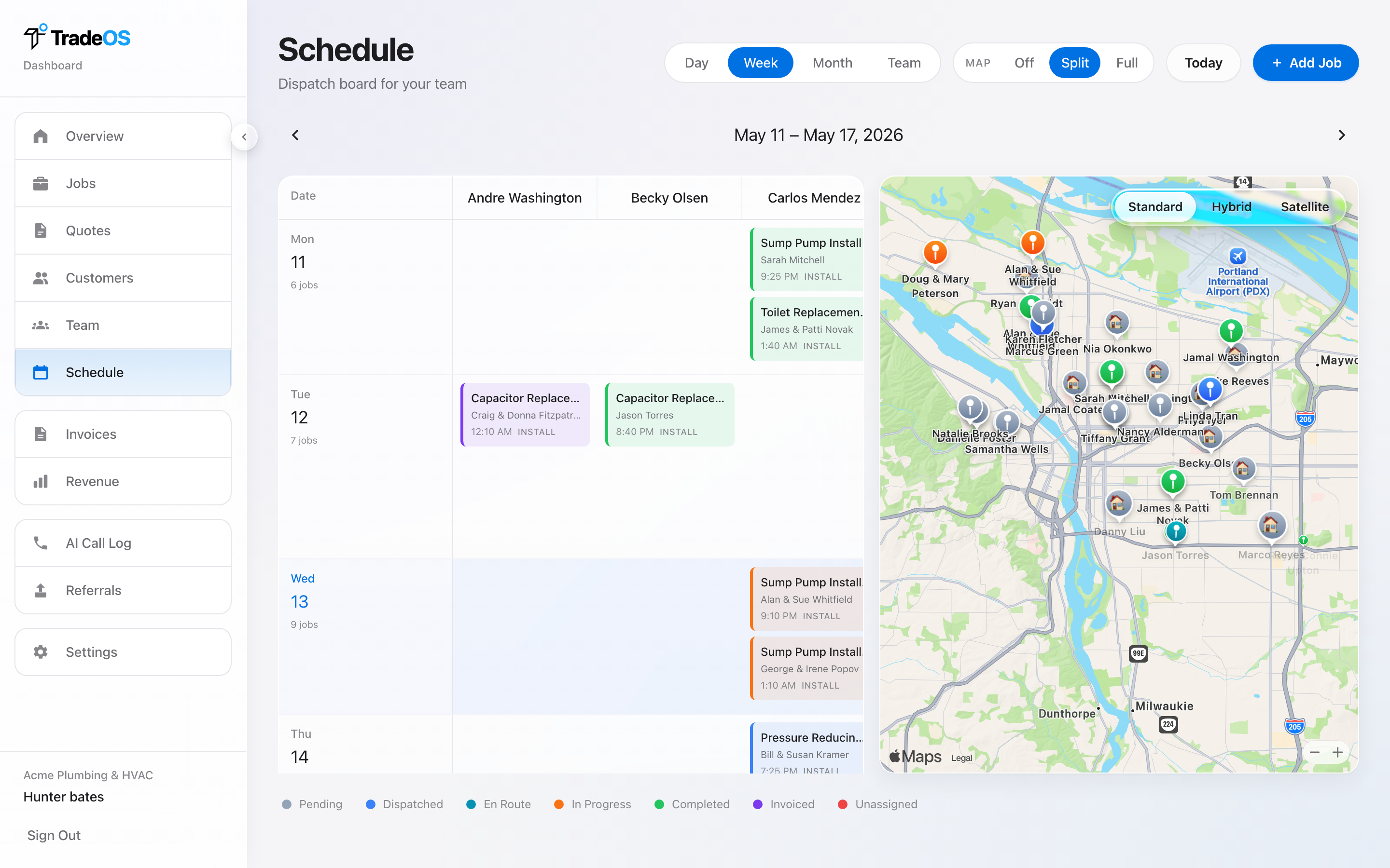 Week-view schedule with multiple technicians, color-coded job blocks, and drag-and-drop dispatch